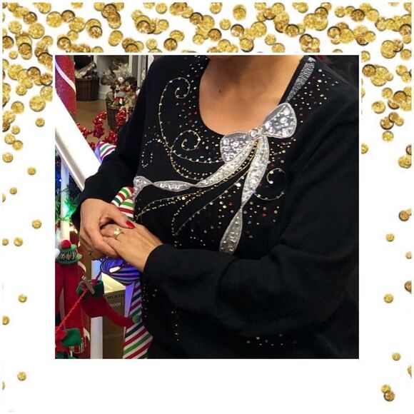 FESTIVE Bow Sparkle Top black sweater w/silver - Picture 1 of 7